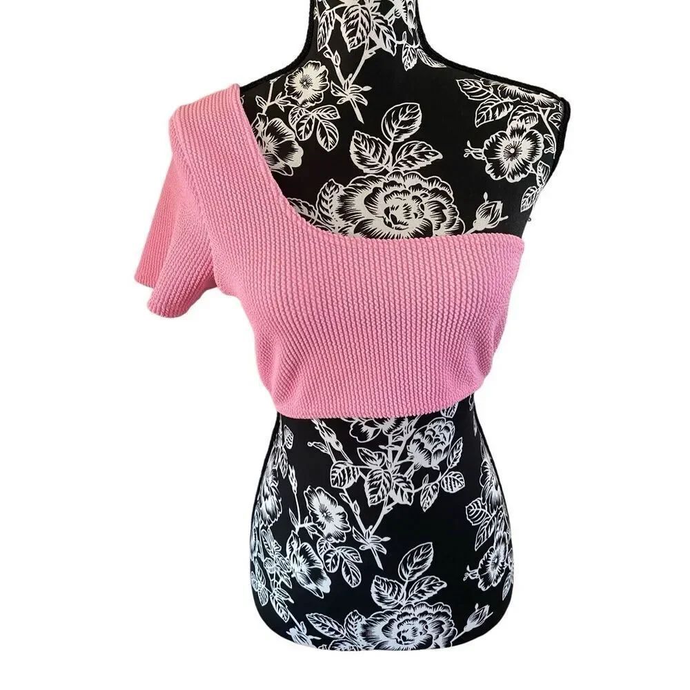 Nwt Pretty Little Thing One Sleeve Crop Bikini Top Sexy Cold Shoulder Blouse